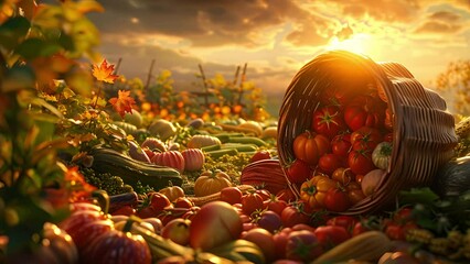 Wall Mural - Organic farm fresh vegetables (tomatoes and pumpkins) pouring out of a basket with a farm and sunset in the distance