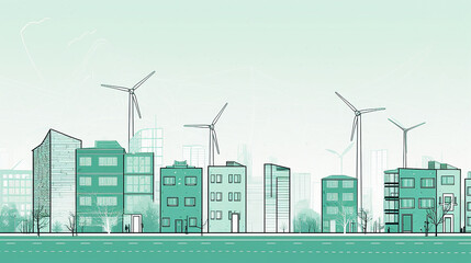 Minimalist vector line drawing of a green cityscape with wind turbines as a renewable energy concept.