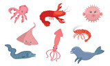 Fototapeta Dinusie - Fish characters set, on the theme of sea, travel, sushi food. Shrimp, squid, octopus, eel fish, dolphin, stingray, crayfish, crab, sea bladder fish. Vector illustration on a white background.