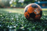 Fototapeta Sport - Soccer ball rests on the green grass of the field with the white boundary line in foreground, embodying the spirit of the game
