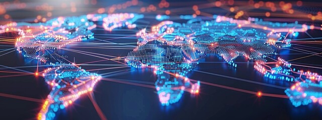 Wall Mural - High tech digital world map with glowing connections between countries representing global business networks and flow of information