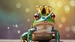 A majestic frog with a gleaming crown sits solemnly against a backdrop of sparkling festive lights