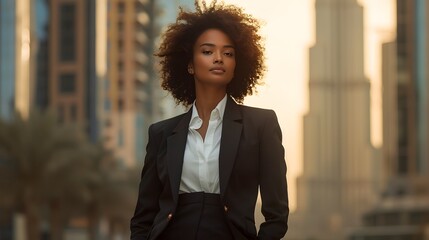 Wall Mural - Businesswoman in a suit and curly hair strolling empowered through the financial district. business