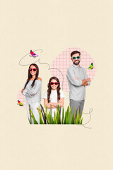 Poster - Photo cartoon comics sketch collage picture of small girl mom dad wear dark glasses hands crossed folded isolated creative background