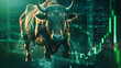 A bull stands in front of a wall of stock market numbers, symbolizing trading on the stock exchange