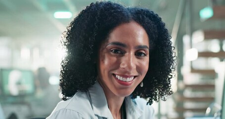 Canvas Print - Scientist, woman and face or smile in laboratory with confidence for cognitive study, medical research and test. Science, expert and happy with cure development, healthcare or knowledge investigation