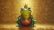 A regal frog sits stoically with a shimmering gold crown, highlighted by a soft golden light giving it a majestic appearance
