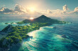 Generate an AI-rendered drone view of a sun-kissed archipelago, with turquoise waters and lush green islands stretching into the horizon