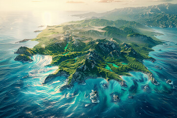 Wall Mural - Generate an AI-rendered drone view of a sun-kissed archipelago, with turquoise waters and lush green islands stretching into the horizon