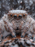 Fototapeta Na ścianę - Macro photograph capturing the intricate details of a jumping spider. With its large, expressive eyes and hairy body glistening with water droplets, the spider appears both delicate and fierce.