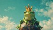 This image captures a regal frog with a sparkling crown perched on a rock, framed by a dreamy blue sky with fluffy clouds
