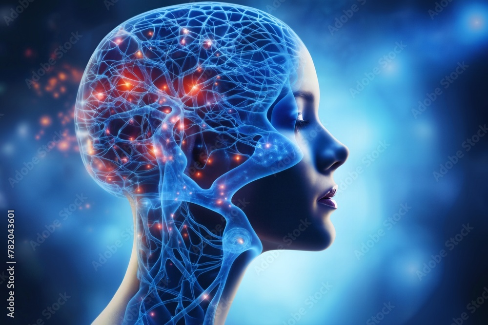 a schematic of human body with neural connections of head and brain and ...
