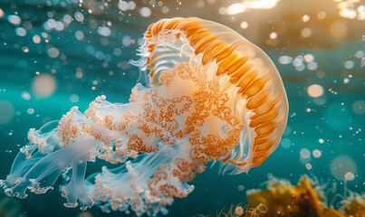 Ultra realistic cinematic beautiful photo of a jellyfish, swimming in the open ocean.