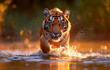 Majestic tiger wading through water at golden sunset