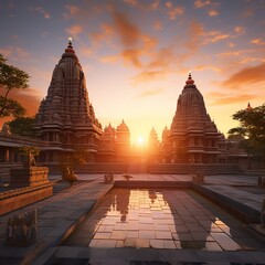 Wall Mural - illustration of Temple during sunset in india, Generative ai