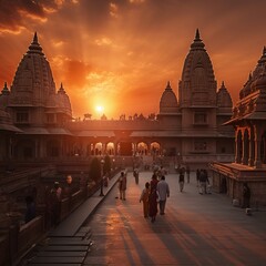 Wall Mural - illustration of Temple during sunset in india, Generative ai