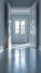 Wall Mural - A hallway with two doors leading to a room that has white walls, AI