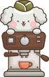 a vector of a cute white poodle with a coffee machine