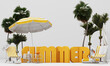 3d render. illustration of a tropical island. Two deck chairs under umbrella on a beautiful beach. Travel and vacation concept. with summer font and space for advertise