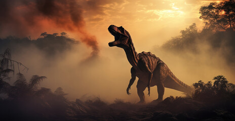 Wall Mural - dinosaur stands in prehistoric environment with a erupting volcano. photorealistic.