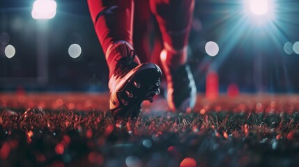 Close-up Legs of a football player on a football field in the light of floodlights during a football match game
