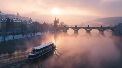 Wall Mural - Charles bridghe with beautiful historical buildings at sunrise in winter in Prague city in Czech Republic in Europe.