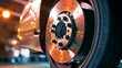 Car brake disc in a car repair shop. Auto service industry.