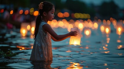 Wall Mural - A young graceful lady release a water lantern in river to celebrate Chinese lunar new year.