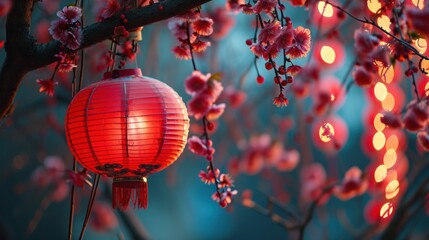 Wall Mural - Beautiful red lanterns with plum blossom in street to celebrate Chinese lunar new year.