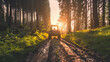 Sunset Trail. A tractor traverses a muddy forest trail, bathed in the warm glow of the setting sun. forest during sunset. the interplay of natural light and shadow creates an enchanting atmosphere.