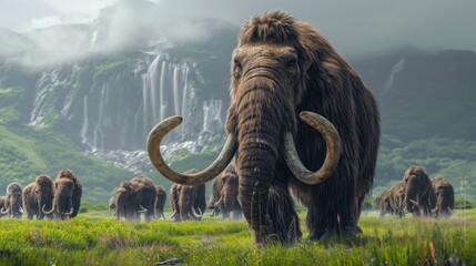 Wall Mural - a group of mammoth walking in grass land in ancient prehistoric enviroment.