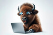Bison with glasses and a surprised look on her face is looking at a laptop on white background