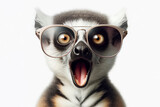 Fototapeta  - surprised portrait lemur wear sunglasses on a white background