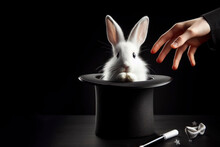A Magician Takes Out A White Surprised Rabbit From A Black Hat On A Black Background