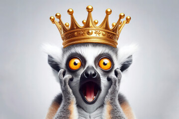 Wall Mural - surprised portrait lemur wear large golden crown on his head on a white background