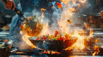 Wall Mural - A person intensely cooks food on a grill over flames, stirring vegetables in a pan