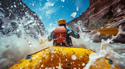 Wall Mural - a female rafting in rapid water in rugged lands.
