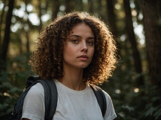 Wall Mural - Amidst serene, lush forest, woman with curly hair stands. Face remains obscured for privacy. Sunlight filters through dense canopy of trees, casting dappled light that dances on curls.