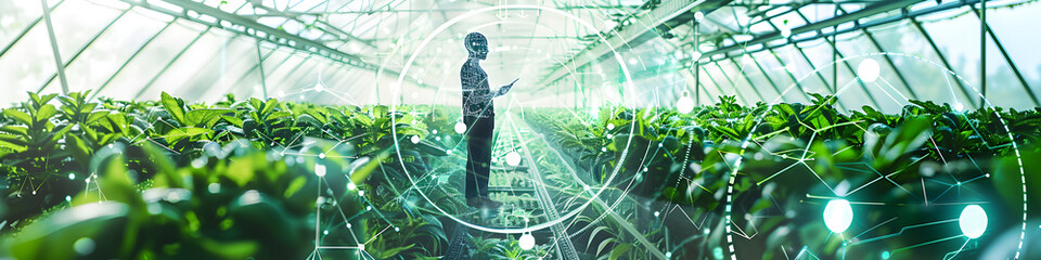 Futuristic farmer harvesting hydroponic plants in greenhouse using modern AI technology. Monitoring harvest growth progress. Smart farming agricultural technology. Future agro crops concept