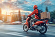 Delivery man wearing uniform riding motorcycle