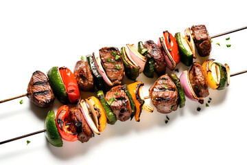 Two skewers of meat with vegetables on them. The vegetables are peppers and onions. The skewers are on a white background