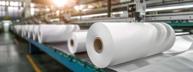 Paper production in a modern factory, depicting the transformation of raw materials into paper products - Concept of innovative manufacturing technologies in the paper industry
