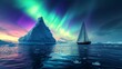 Sailing boat rest in sea water with snow mountain and beautiful aurora northern lights in night sky in winter.
