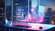 © abida - Desktop computer background in office and big town buildings hologram drawing. Double exposure. Smart city concept.