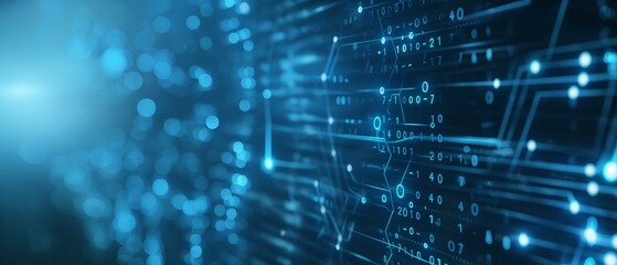 Digital background with binary code, shiny blurred motion space light