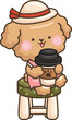 a vector of a brown poodles with a cup of coffee