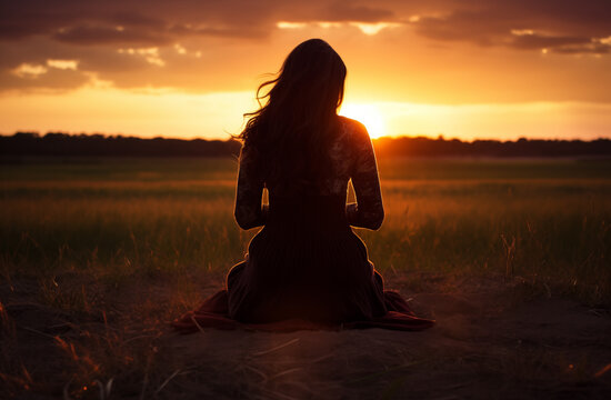 Prayer concept. Silhouette of a pretty young teen woman in a praying pose. Set against a vibrant sunset sunrise sky. Clasped hands. Also related to renewal, connection, journey, gratitude, encounter