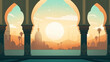 islamic background with arabic pattern, mosque silhouette against the background of the setting sun. Template for inserting text, design.