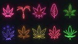 Fototapeta Mapy - Collection of neon sign of cannabis over black background.