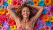Joyful Woman Leaping Before Vibrant Floral Backdrop Generative AI